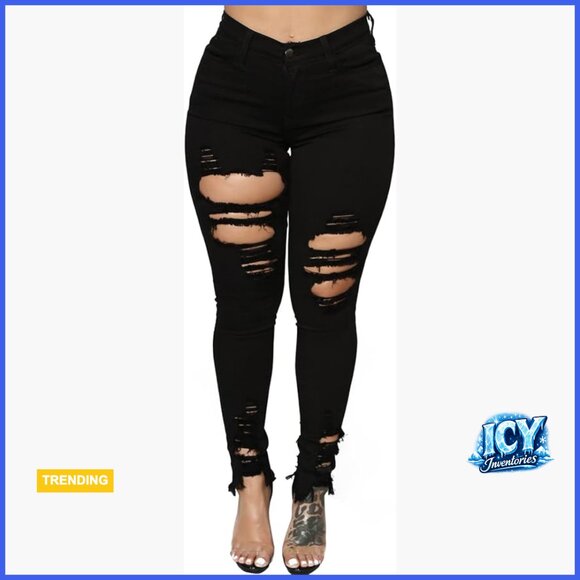 Ripped Skinny Jeans Mid Rise Stretch Destroyed Denim Pants